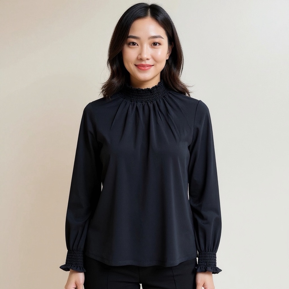 Adrianna Papell Black High Neck Blouse with Ruffle Cuffs Size Small